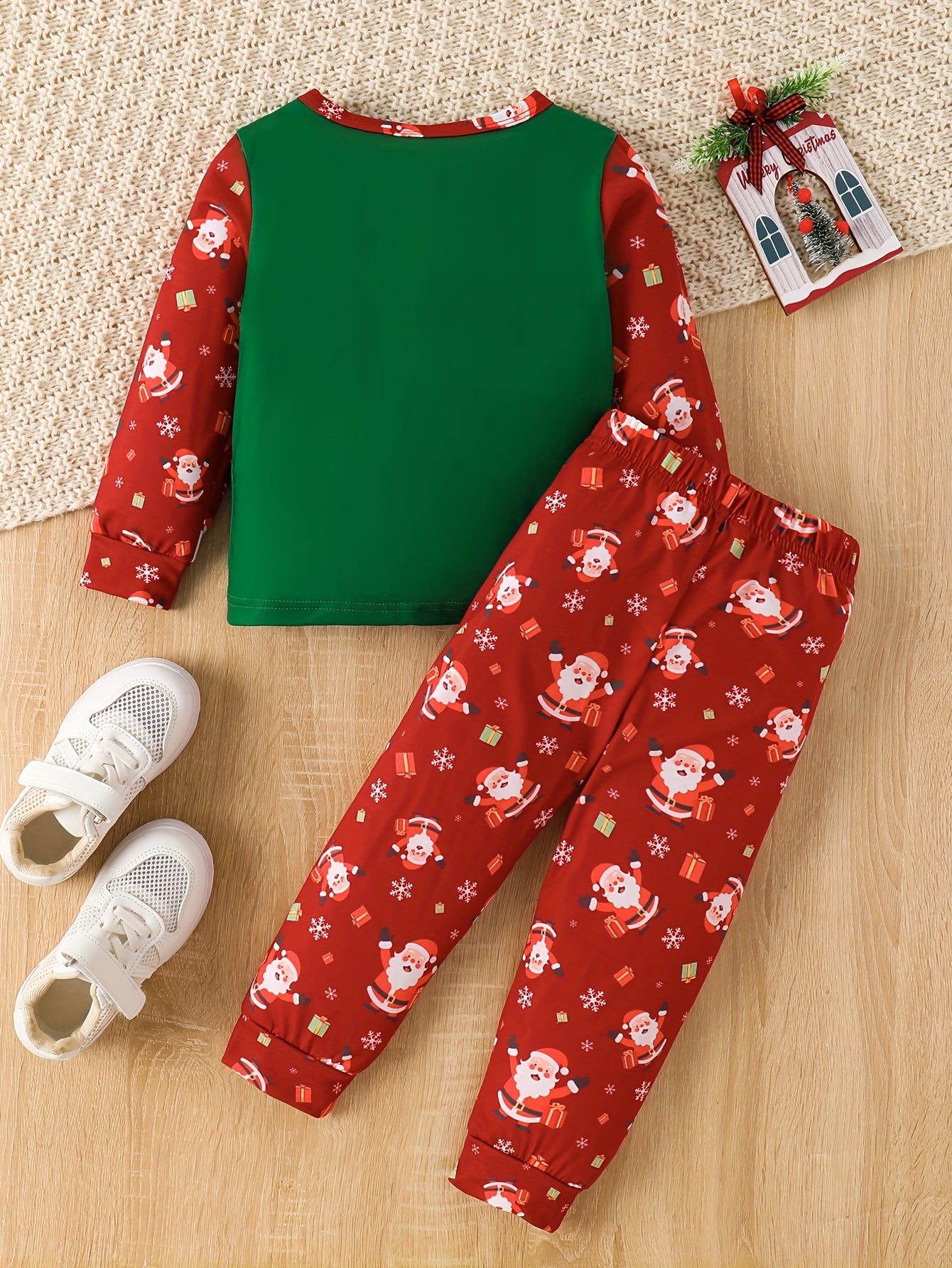 Youngsters's Autumn and Winter Christmas Print Santa Claus Round Neck Contrast Two-piece Set Youngsters's Boy's Trousers Suit, Perfect for Outdoor