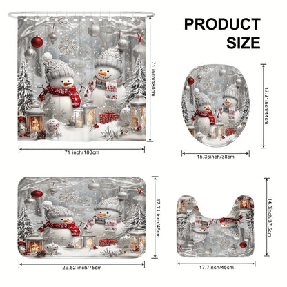 Winter Wonderland Snowman Bathroom Set - Waterproof, Machine Washable, Non-Slip, U-Shape Toilet Lid Cover, 12 Hooks, Woven Snowflake Pattern, Polyester Shower Curtain, Bath Mat, and Rugs - Perfect for Christmas Decor, Easy to Clean, and Durable