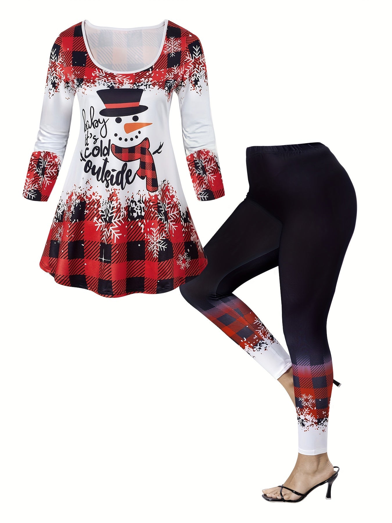 Two-piece Casual Outfits, Snowman Print Crew Neck Long Sleeve T-shirt & Skinny Leggings, Women's Clothing