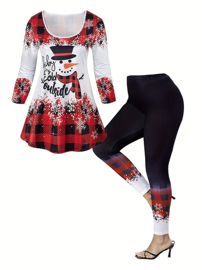 Two-piece Casual Outfits, Snowman Print Crew Neck Long Sleeve T-shirt & Skinny Leggings, Women's Clothing