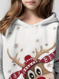 Girls' Festive Reindeer Graphic Lightweight Long Sleeve Hooded Sweatshirt Top for Spring/Fall, Perfect Gift Idea