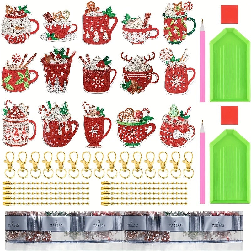 15pcs Christmas Diamond Art Keychain Set - Double-Sided, 5D DIY Craft Kit with Festive Designs, Acrylic Charms for Holiday Decor & Gifts