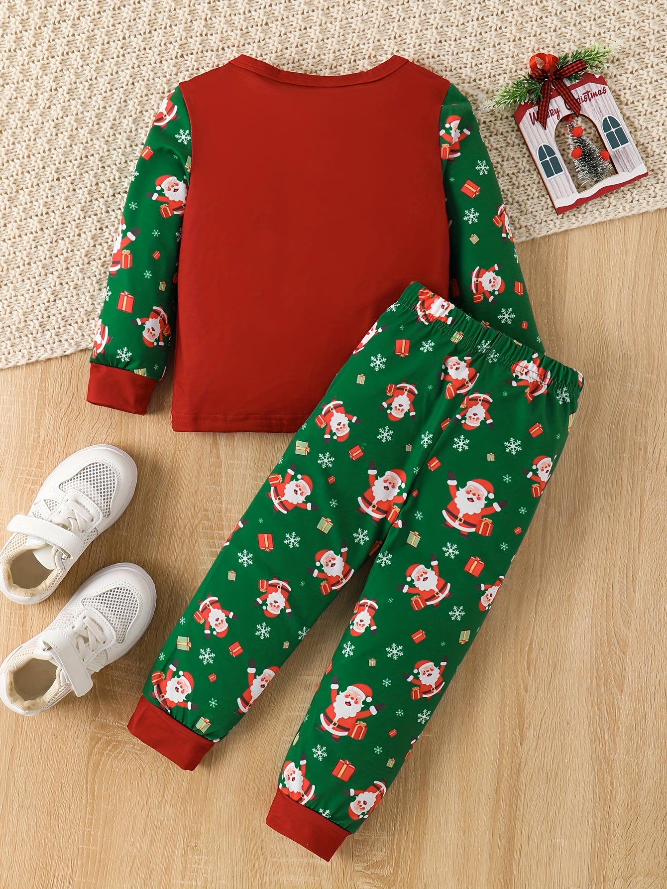 Youngsters's Autumn and Winter Christmas Print Santa Claus Round Neck Contrast Two-piece Set Youngsters's Boy's Trousers Suit, Perfect for Outdoor