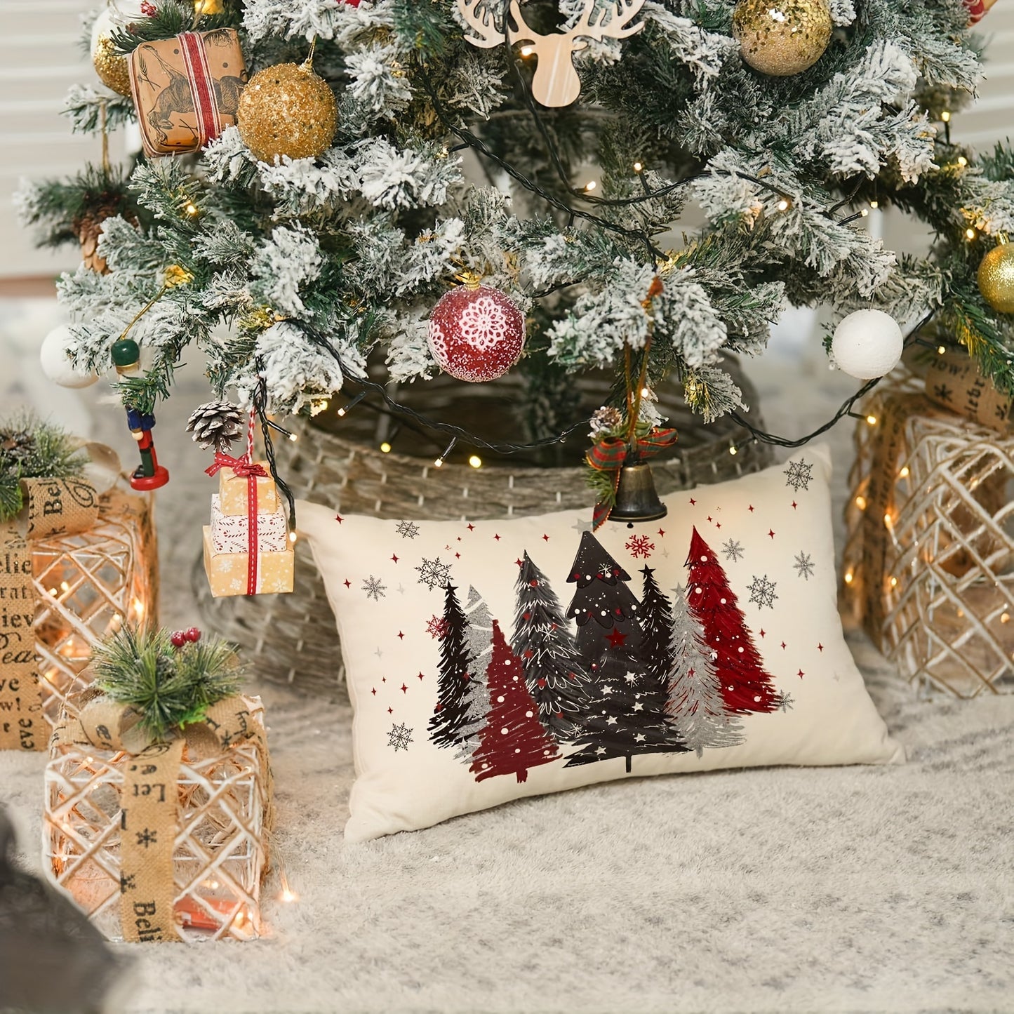 1pc 12x20 Inch Country-Rustic Linen Throw Pillow Cover with Christmas Trees and Snowflakes Design, Machine Washable, Zippered Closure for Winter Holiday Room Decor