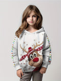 Girls' Festive Reindeer Graphic Lightweight Long Sleeve Hooded Sweatshirt Top for Spring/Fall, Perfect Gift Idea