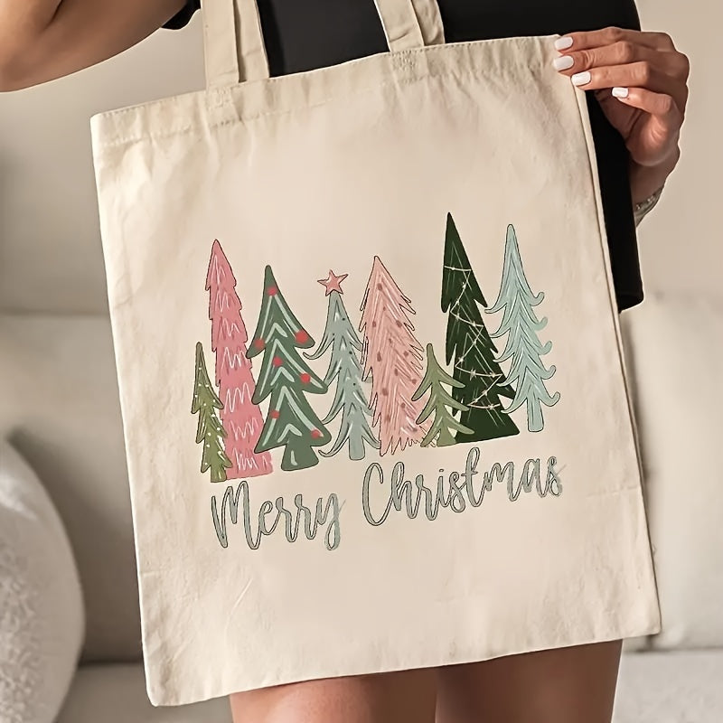 1pc Festive Xmas Tree Pattern Canvas Shopping Tote Bag - Reusable Luggage Handle Wrap for Ladies, Christmas New Year Gift, Durable Storage Bag with Stylish Design