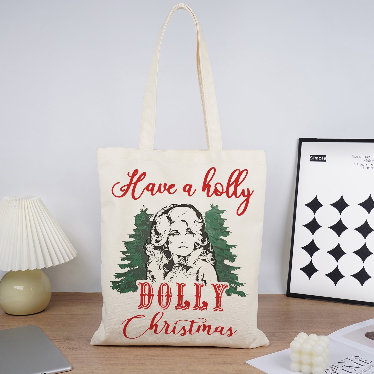 1pc Festive Canvas Tote Bag, Polyester Soft Shell Daypack Backpack with "Have a Holly Jolly Christmas" Print, Large Capacity Casual Shoulder Bag for Shopping, Non-Waterproof, Hand Wash Only