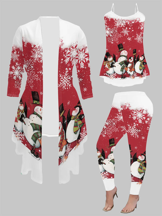 Women's Christmas 3-Piece Set, Cartoon Snowman Print, Knit Long Sleeve Tank Top, Cardigan, and Pants, Polyester, Round Neck, Festive Holiday Outfit