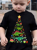 Boy's Short Sleeve Slightly Stretch Crew Neck T-shirt, Christmas Dinosaurs Pattern Print Tee For Summer Outdoor