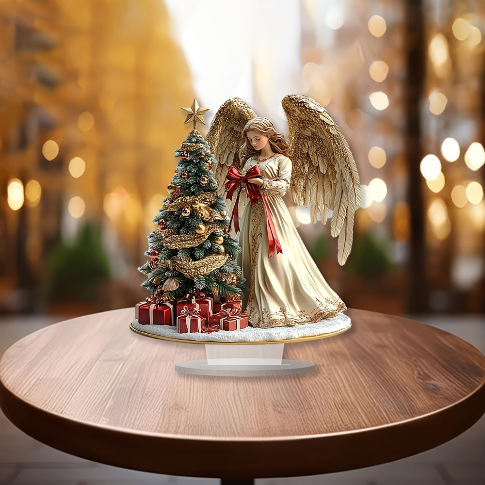 Glam Style Angel with Christmas Tree Acrylic Tabletop Decor, Family Themed No-Electricity Pedestal, Ideal Gift for Home & Office - Bohemian Desk Sign, Set of 1