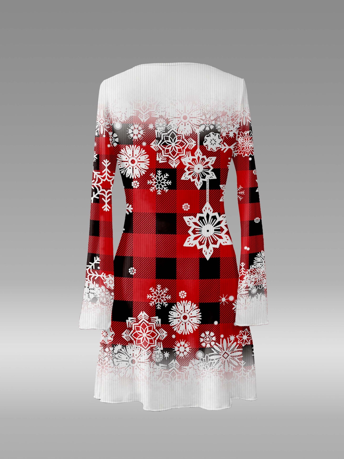 Women's Christmas Plaid Snowflake Print Dress, V-Neck, Long Sleeve, A-Line, Short Length, Polyester Knit Fabric, No Pads, Asymmetrical Hem, Fashionable Holiday Outfit