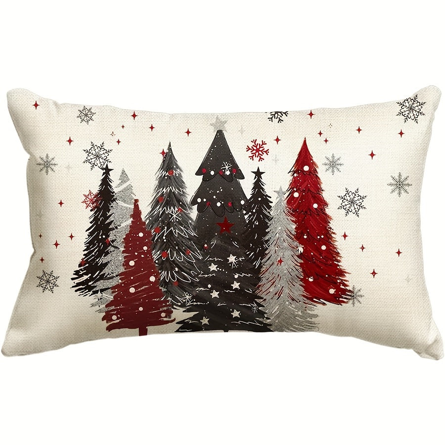 1pc 12x20 Inch Country-Rustic Linen Throw Pillow Cover with Christmas Trees and Snowflakes Design, Machine Washable, Zippered Closure for Winter Holiday Room Decor