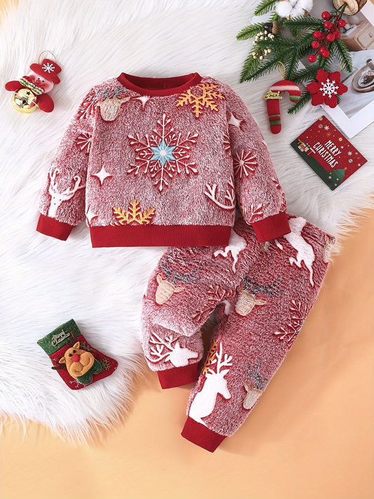 Two-Piece Suit Baby Girl Baby Boys Casual And Comfortable Autumn And Winter New Christmas Style Snowflake Deer Plush Round Neck Sweatshirt Trousers Suit, For Outdoor