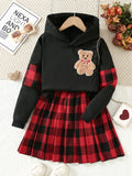 Girls' Plaid Sweatshirt Set with Bear Appliques + Pleated Skirt for Christmas, Fall/Winter Outdoor Casual Activities with Color Stitching