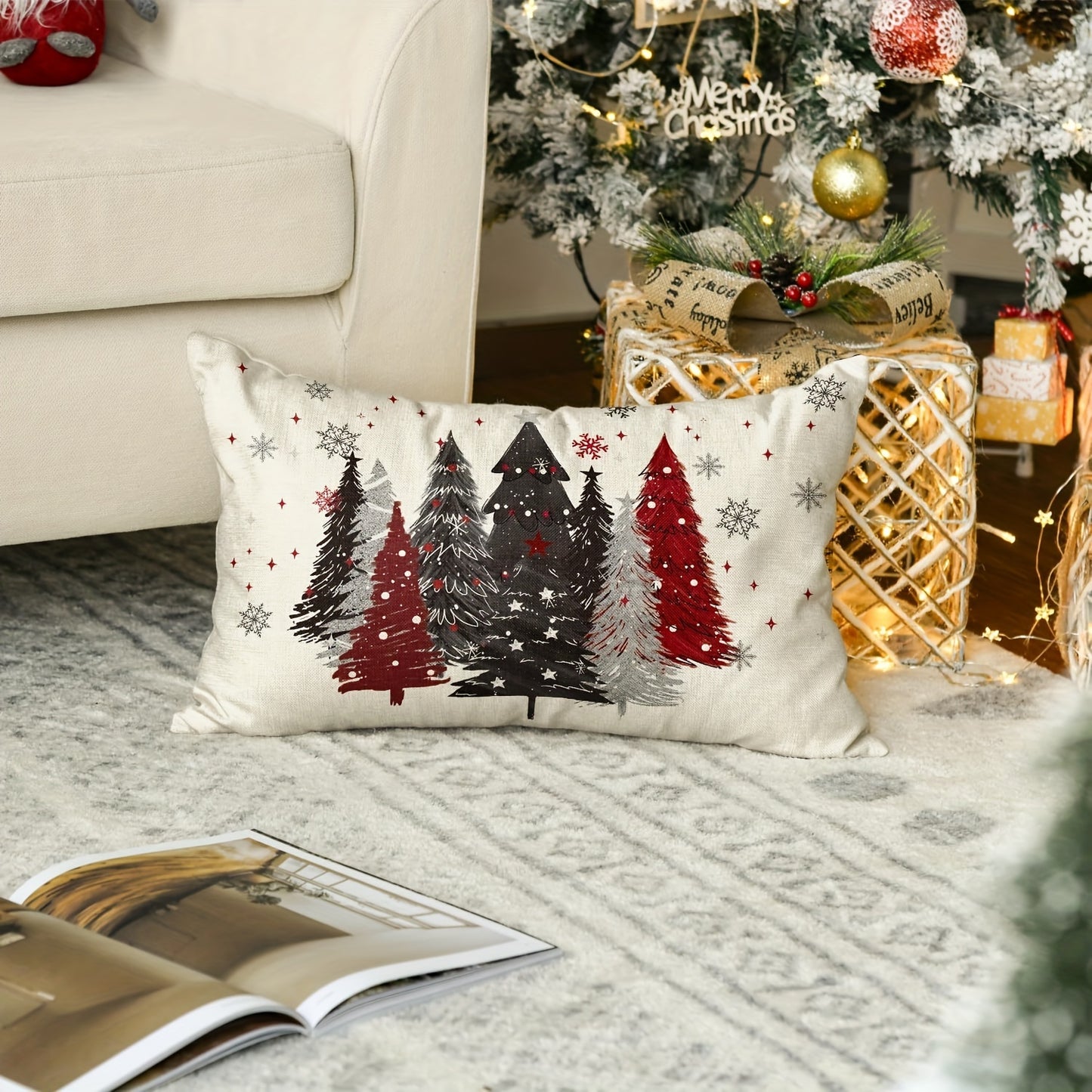 1pc 12x20 Inch Country-Rustic Linen Throw Pillow Cover with Christmas Trees and Snowflakes Design, Machine Washable, Zippered Closure for Winter Holiday Room Decor