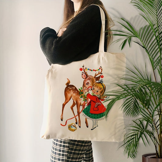 Vintage 1950s Girl & Reindeer Christmas Canvas Tote Bag - Leakproof, Foldable Shoulder Bag for Daily Commute, Shopping, Travel - Perfect Gift for Her, Ideal for Holidays, Perfect for Thanksgiving