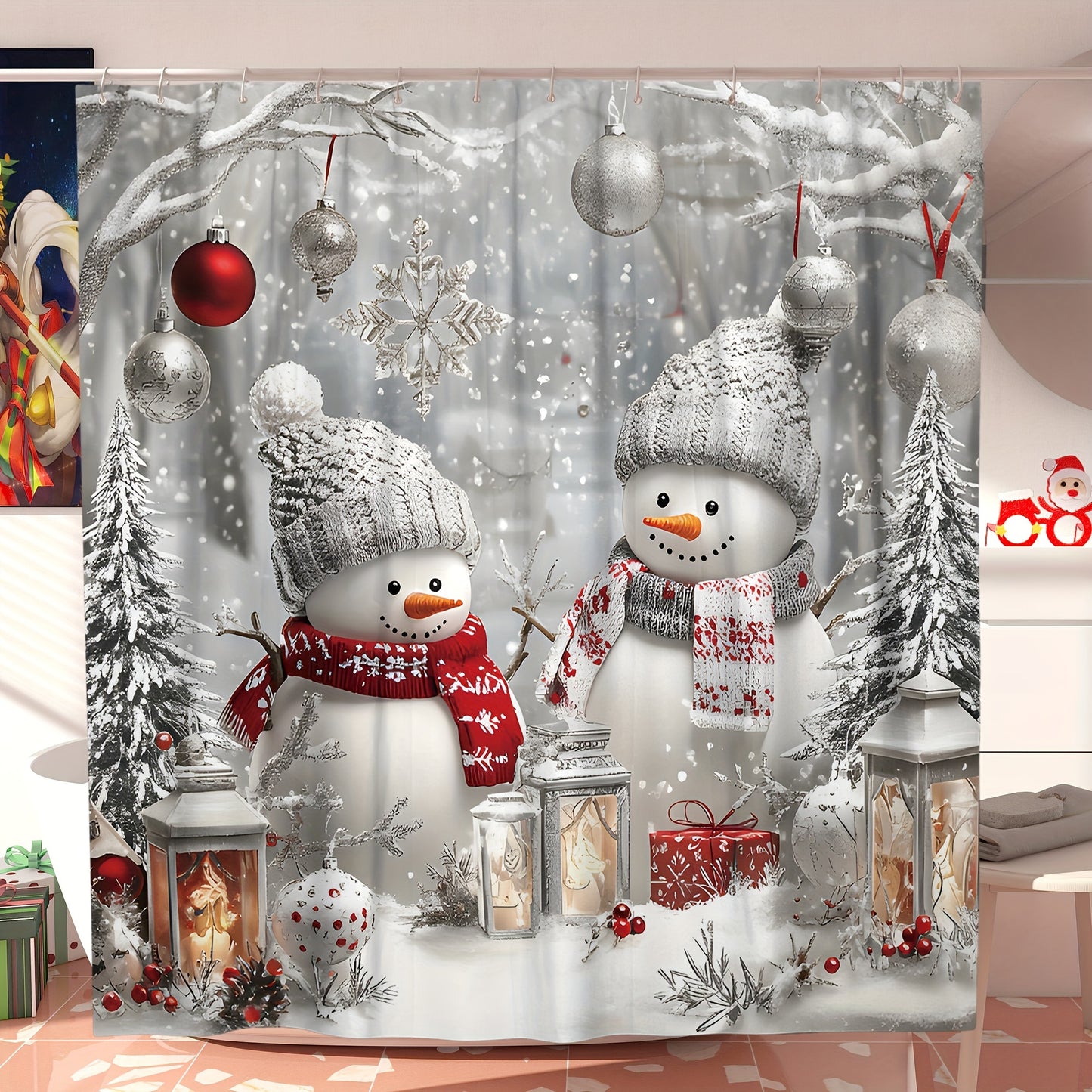 Winter Wonderland Snowman Bathroom Set - Waterproof, Machine Washable, Non-Slip, U-Shape Toilet Lid Cover, 12 Hooks, Woven Snowflake Pattern, Polyester Shower Curtain, Bath Mat, and Rugs - Perfect for Christmas Decor, Easy to Clean, and Durable