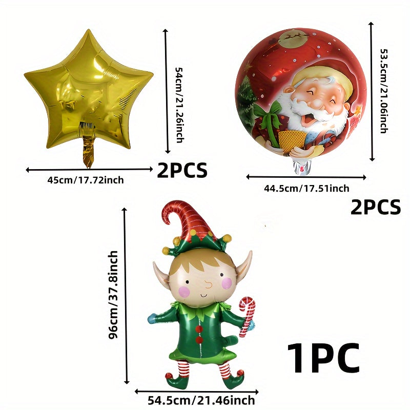 5pcs Christmas Party Aluminum Foil Balloons Set with Elf, Stars & Round Santa Patterns for Holiday Decoration, Suitable for Commercial Displays & Home Decor, Perfect for Events & Celebrations, Ages 14+