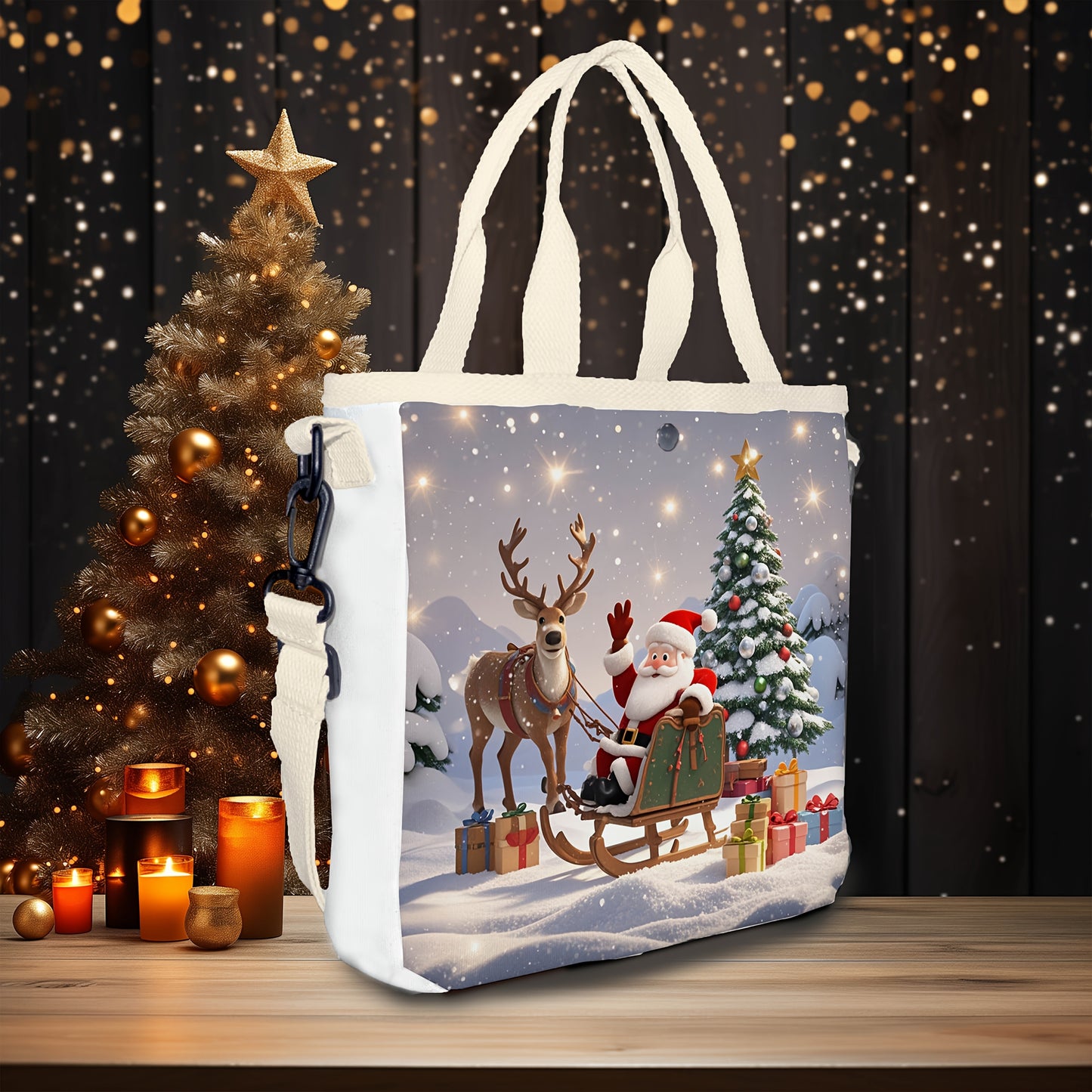 1pc Christmas Canvas Tote Bag with Santa and Reindeer Print, Casual Foldable Handbag with Adjustable Strap, Hollow Ruched Design, Snap Closure, Unlined - Ideal for Gifts and Outings