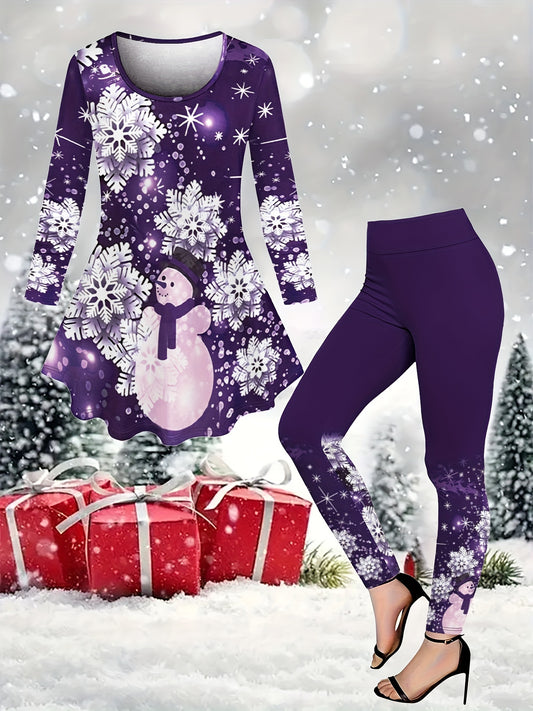 Women's Festive Christmas Snowman & Snowflake Print Long Sleeve Dress and High-Waist Leggings Set - Casual, Machine Washable