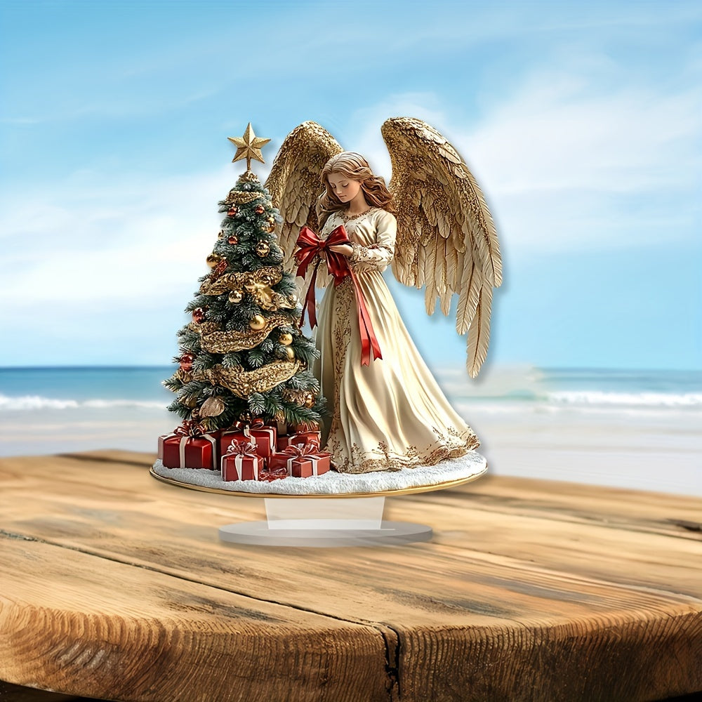 Glam Style Angel with Christmas Tree Acrylic Tabletop Decor, Family Themed No-Electricity Pedestal, Ideal Gift for Home & Office - Bohemian Desk Sign, Set of 1