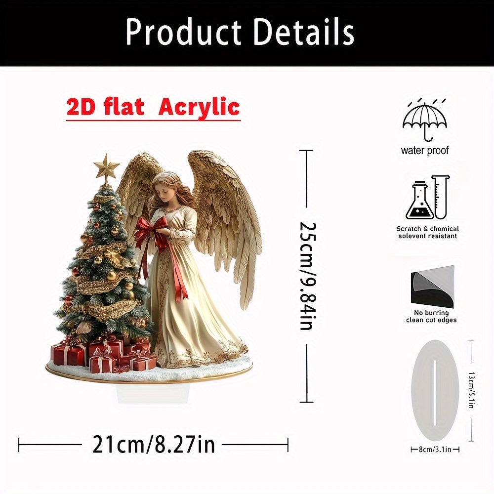 Glam Style Angel with Christmas Tree Acrylic Tabletop Decor, Family Themed No-Electricity Pedestal, Ideal Gift for Home & Office - Bohemian Desk Sign, Set of 1