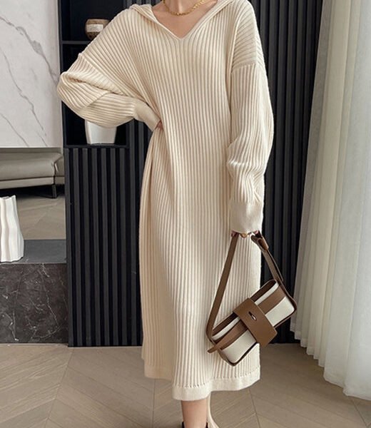 Stylish Apricot V-neck Hooded Long Sleeve Striped Knit Dress AN1044