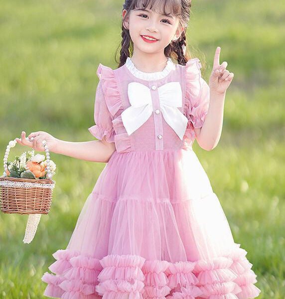 2024 New Pink O-Neck Bow Ruffled Patchwork Tulle Kids Maxi Dress Summer EW022