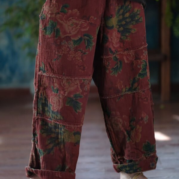 Women Autumn Retro Flower Spliced Cotton Wide-leg Pants AT1024