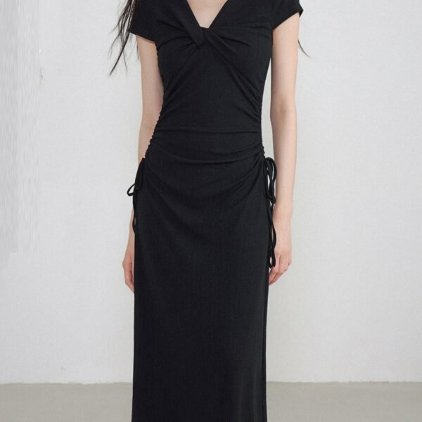 Classy Black V Neck Cinched Maxi Dresses Short Sleeve EE033