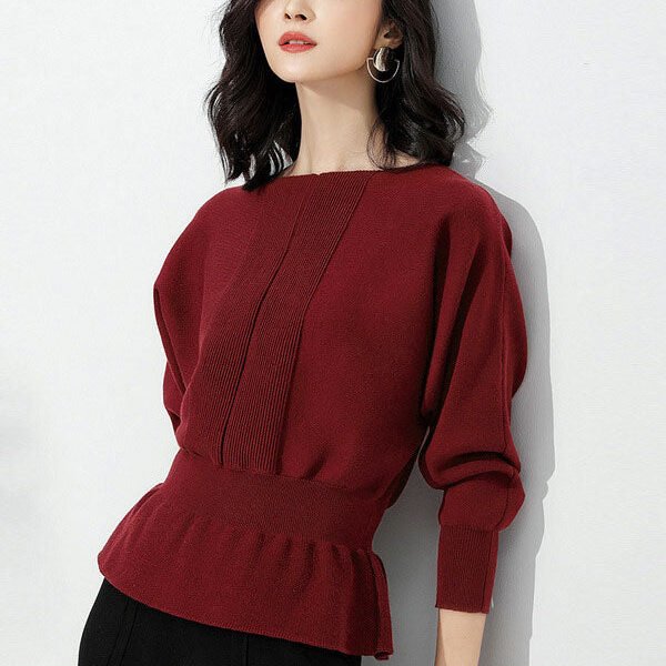 Elegant Red Boat Neck Tunic Ruffled Hem Long Sleeve Sweater AN1040