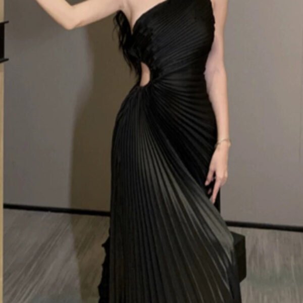 French Black Cold Shoulder Hollow Out Maxi Dress Summer EE041