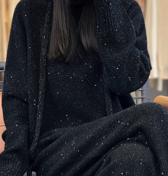 Organic Black Hooded Sweaters And Pants Woolen Two Pieces Set Fall WV018