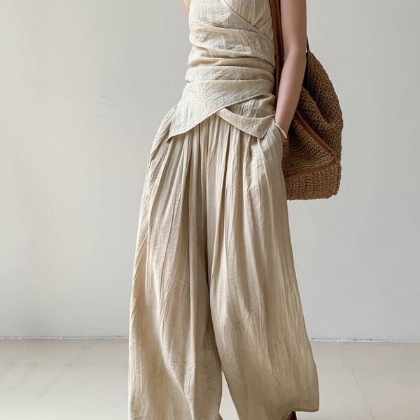 Boutique Apricot V Neck Wrinkled Linen Vest And Wide Leg Pants Two Pieces Set Summer AN1025