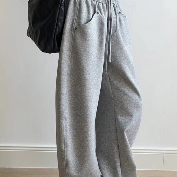 Casual Grey Pockets Drawstring Elastic Waist Cotton Pants Fall AF1072