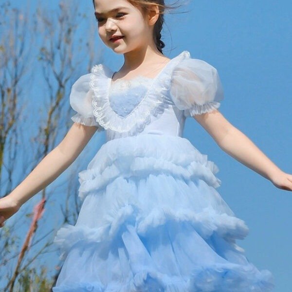 Art Blue O-Neck Ruffled Tulle Kids Girls Maxi Dresses Short Sleeve EW026