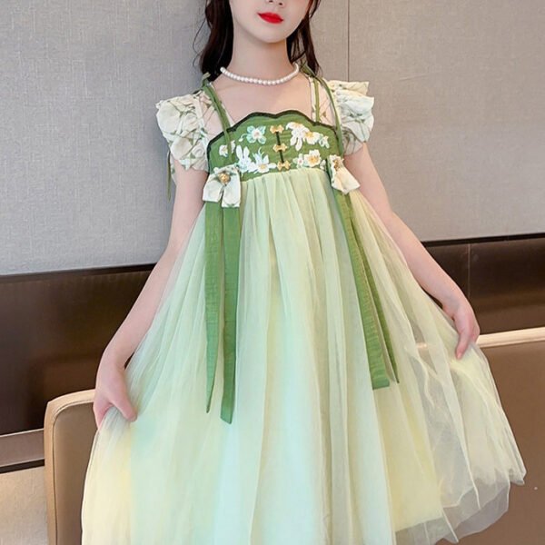 Art Light Green Embroidered Tassel Tulle Kids Maxi Dress Short Sleeve GF005
