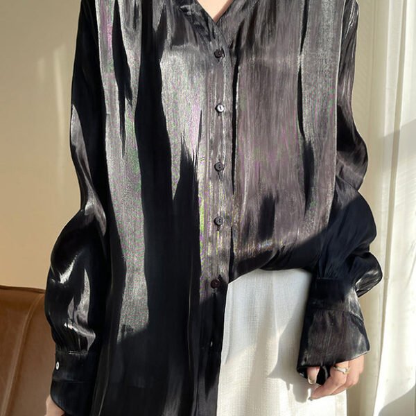 Black Button Silk Blouses V Neck Long Sleeve AB1018