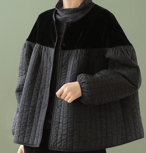 Boho Black O-Neck Button Patchwork Winter Jackets Long sleeve QS047