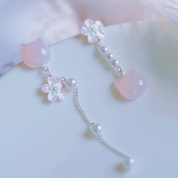 Brief Pink Sterling Silver Asymmetry Pearl Floral Cats Tassel Drop Earrings QI069