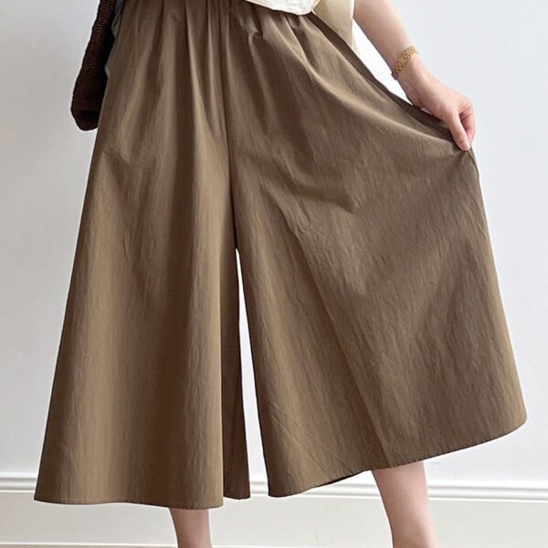 Casual Brown Pockets Elastic Waist Cotton Crop Wide Leg Pants Summer QB003