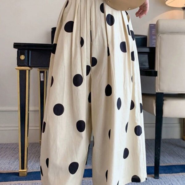 Casual White Dot Print Elastic Waist Crop Wide Leg Pants Summer TR006