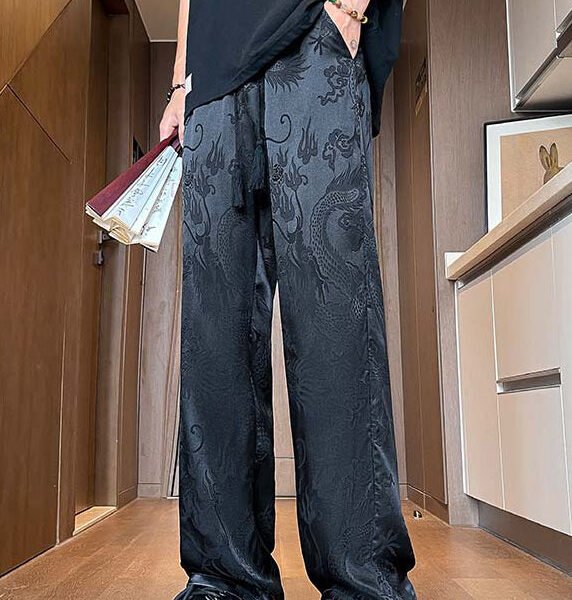 Chinese Style Black Pockets Jacquard Ice Silk Men Pants Summer YT052