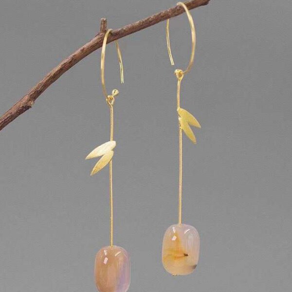 Chinese Style Gold Sterling Silver Overgild Water Drop Bamboo Leaf Drop Earrings AC1066