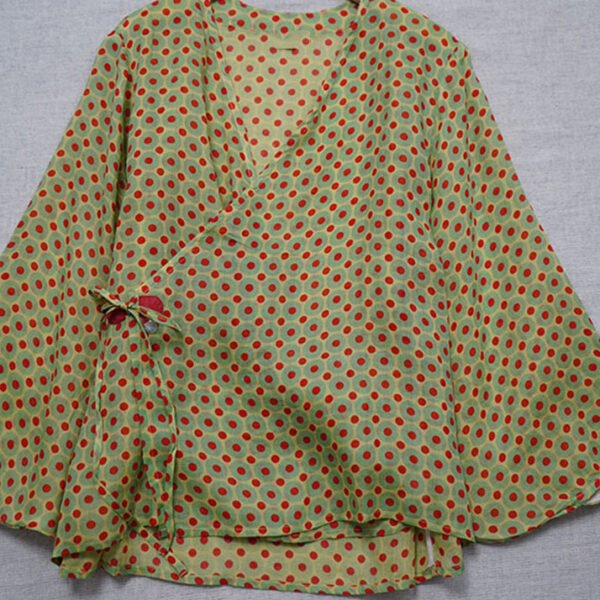 Chinese Style Light Green V Neck Print Tie Waist Top Long Sleeve AM1052