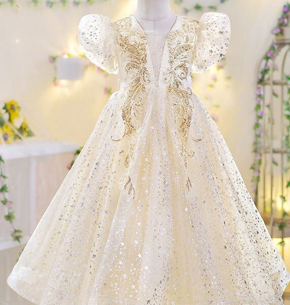 Classy Apricot V Neck Sequins Tulle Girls Maxi Gowns Dresses Short Sleeve XZ004