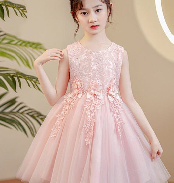 Cute Pink O-Neck Floral Pearl Tulle Girls Maxi Dress Sleeveless XZ049