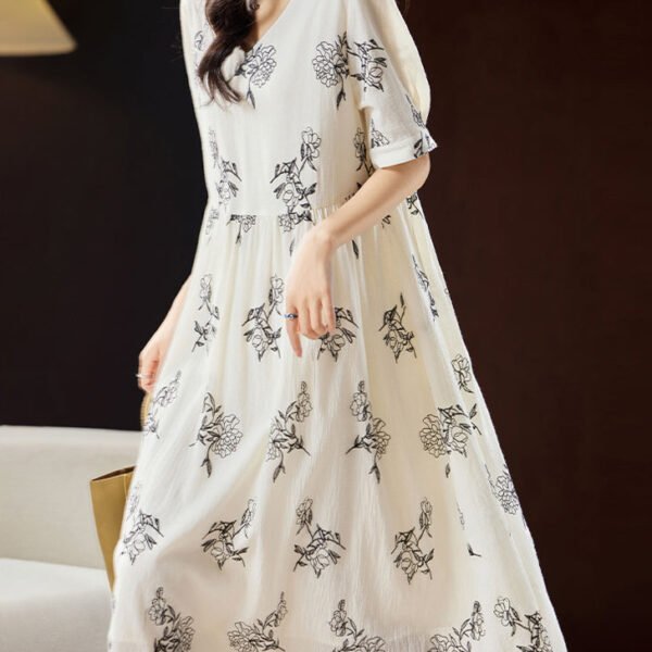 Elegant Beige Embroidered Floral Patchwork Maxi Dress Short Sleeve WW032