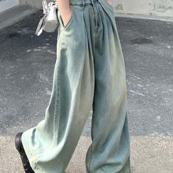 French Light Blue Pockets High Waist Wide Leg Pants Summer PP011