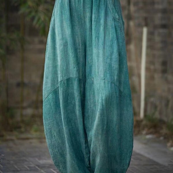 Green Pockets Linen Wide Leg Pants Elastic Waist QE039
